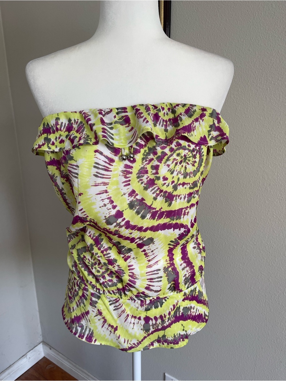 GAP Strapless Ruffle Tie-Dye Top in Lime and Purple